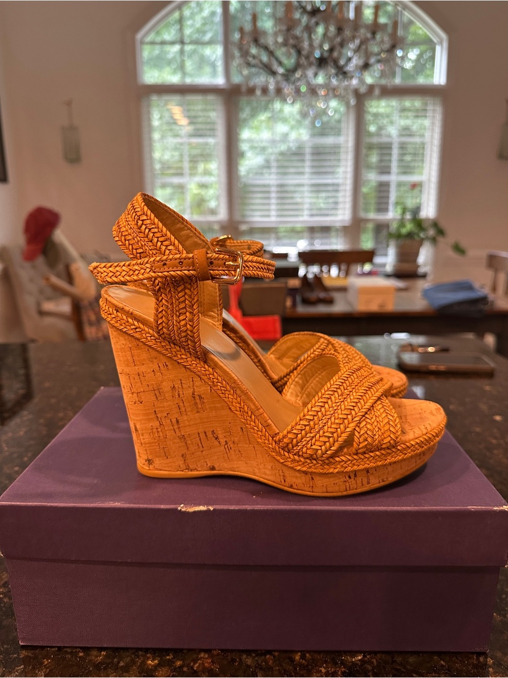 Stuart Weitzman MINX Braided Cork Wedge Sandals in Camel Laniard